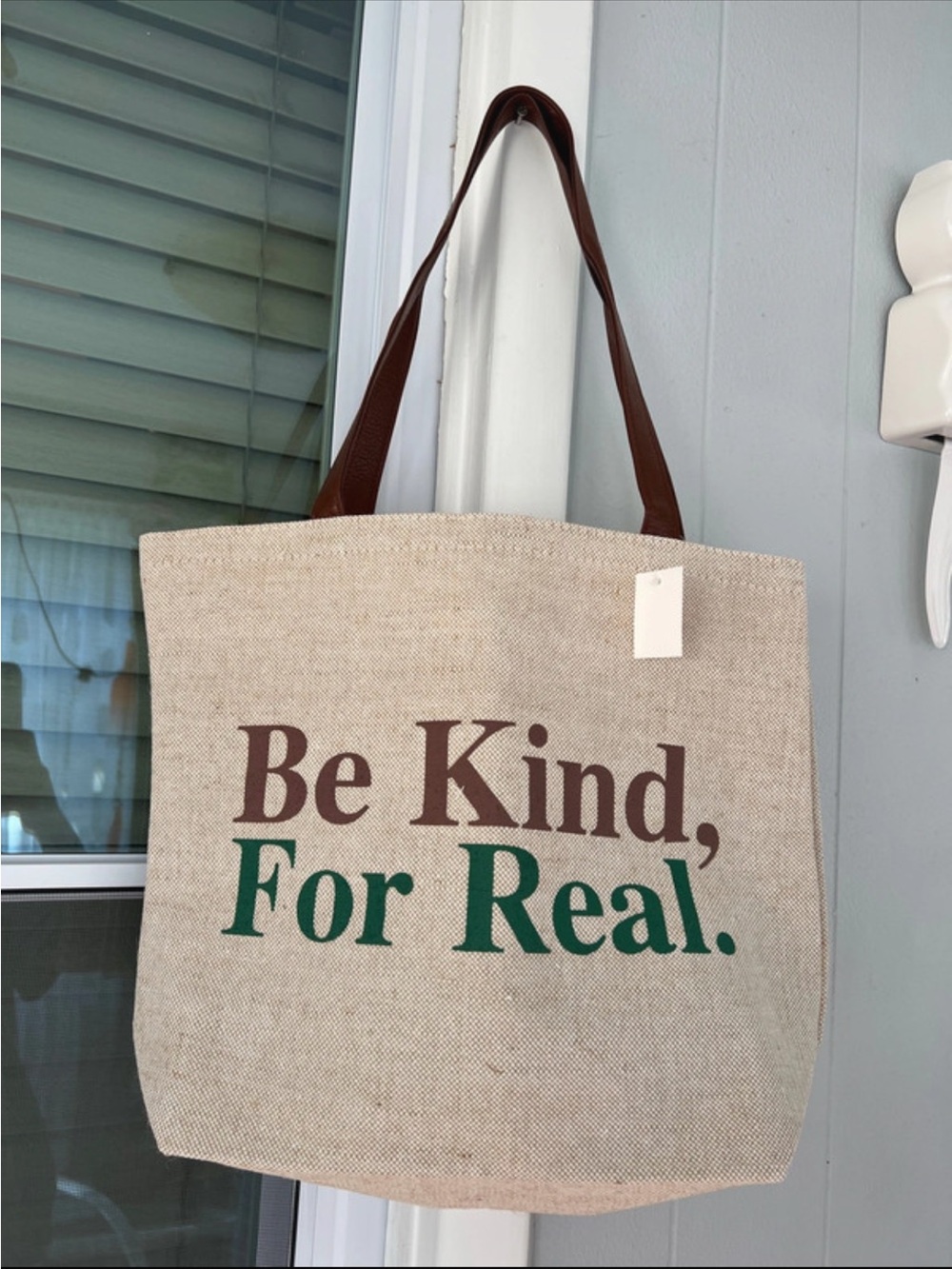 Source Unknown Beige Canvas Tote with Brown Handles and Green/Brown Text